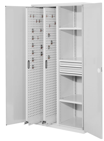 Werkzeugschrank mit Lochplattenwänden, Regalböden und Schubladen