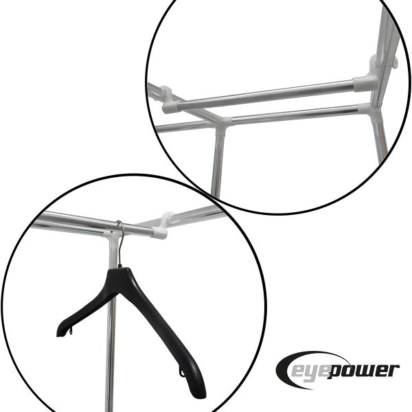 Detailansicht eines Kleiderständers aus Metallrohren mit Kunststoffverbindungen und einem schwarzen Kleiderbügel. eyepower Logo.