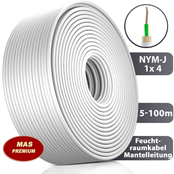 Rolle MAS Premium NYM-J 1 mal 4 Millimeter Quadrat Mantelleitung, Feuchtraumkabel mit Detailansicht des Kupferleiters.