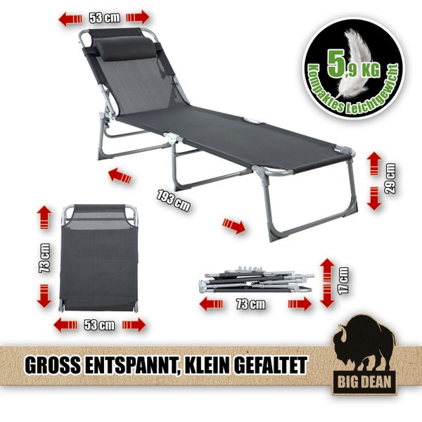 Gartensessel mit Abmessungen, Gewichtssymbol und Firmenlogo
