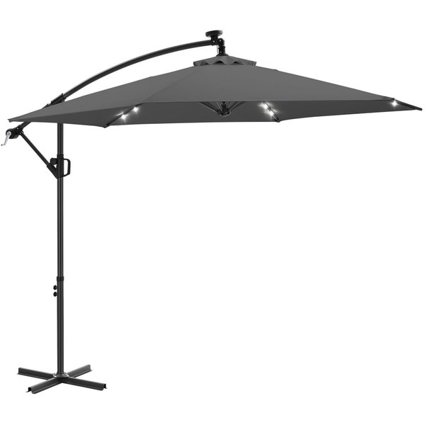 Ampelschirm mit LED-Beleuchtung, quadratisch, anthrazitfarbener Stoff, schwarzes Metallgestell mit Kurbel und Standkreuz.