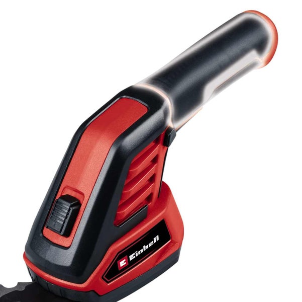 Detailansicht des ergonomischen Griffs und Sicherheitsschalters eines Einhell Gartengeräts mit Einhell Logo.