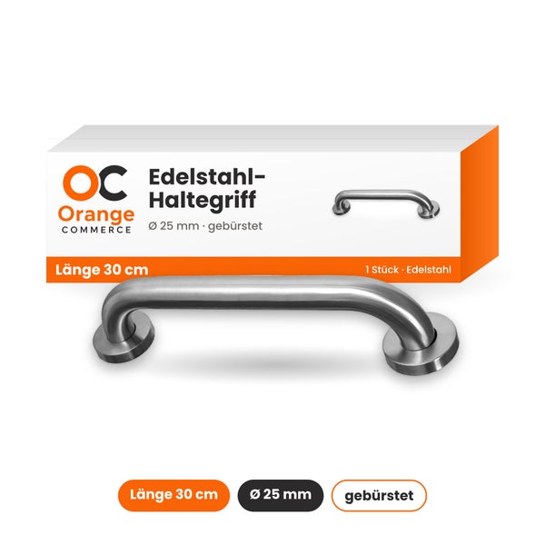Orange Commerce Haltegriff aus gebürstetem Edelstahl, 30 cm Länge und 25 mm Durchmesser, zur Wandmontage im Badezimmer.