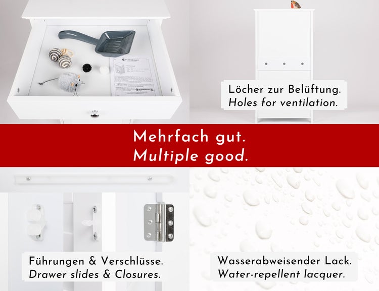 WONDERMAKE - Katzenschrank für Katzentoilette groß hoch aus Holz, Katzenklo-Schrank Kommode mit Schublade und Tür geschlossen, Design Katzen-Haus Toilette Klo XL, weiß