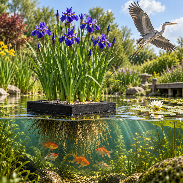 Schwimmende Pflanzinsel im Gartenteich mit Schwertlilien und unter Wasser sichtbaren Wurzeln und Goldfischen sowie fliegendem Graureiher.