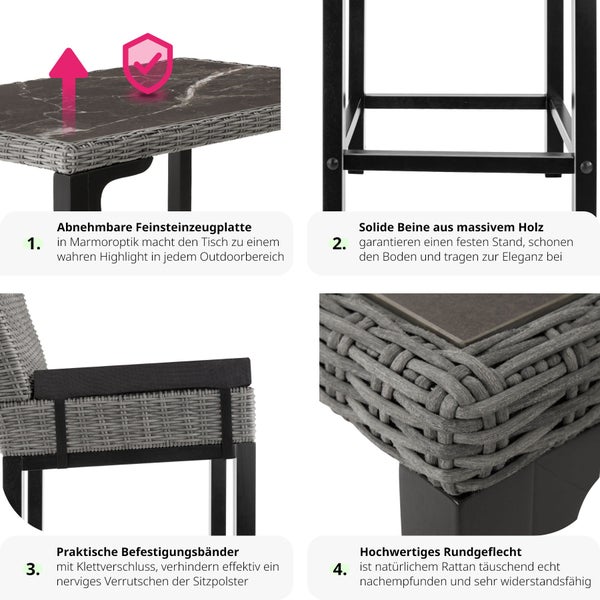 Rattan Tisch Kutina mit 4 Stühlen Latina tectake  Beine aus Holz mit Aluminiumgestellen grau