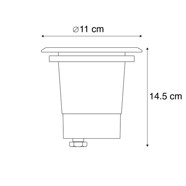 Technische Zeichnung eines Bodeneinbaustrahlers mit einem Durchmesser von 11 Zentimetern und einer Höhe von 14,5 Zentimetern.