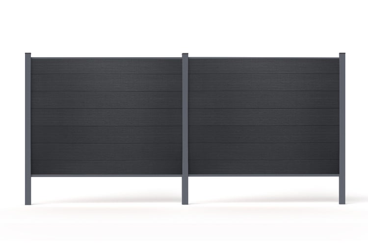 Anthrazitfarbener Sichtschutzzaun aus horizontalen Lamellen mit drei vertikalen Pfosten.