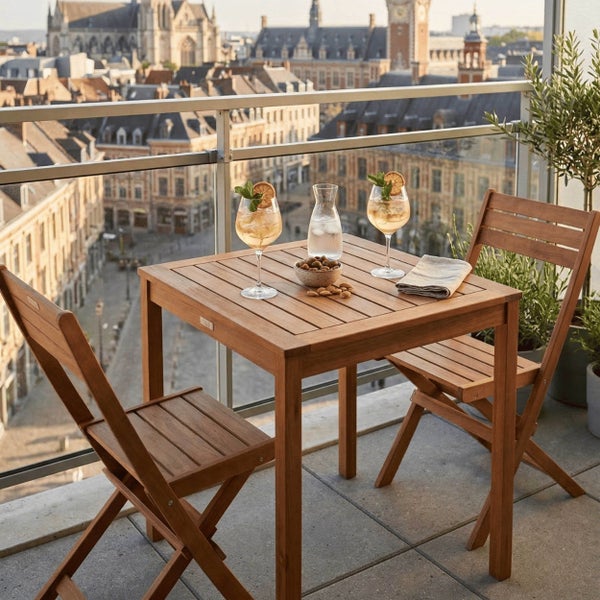 Holz-Balkonset bestehend aus einem quadratischen Tisch und zwei Klappstühlen auf einem hellen Balkon mit Stadtblick.