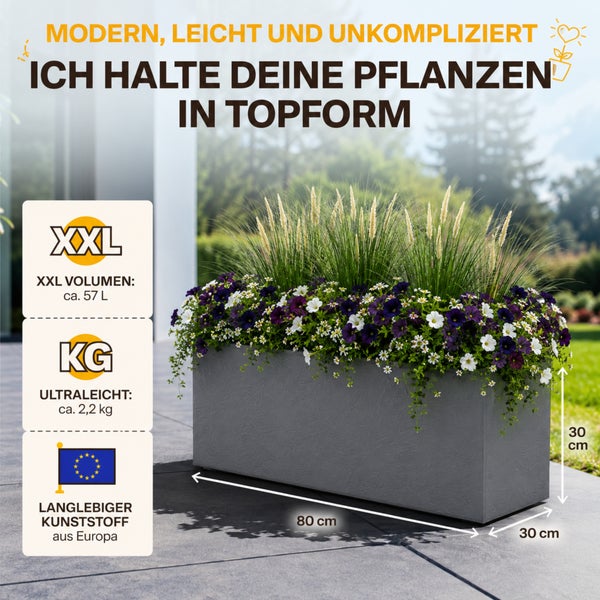 Großer grauer rechteckiger Kunststoff-Blumenkasten aus Europa, Maße 80 mal 30 mal 30 Zentimeter, Volumen circa 57 Liter, Gewicht circa 2,2 Kilogramm.