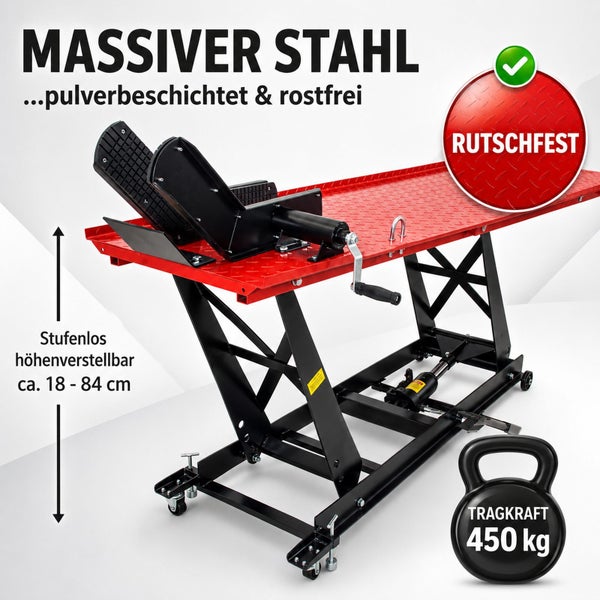 Motorradhebebühne aus pulverbeschichtetem rostfreiem Stahl, rutschfest, höhenverstellbar von circa 18 bis 84 Zentimeter, Tragkraft 450 Kilogramm.