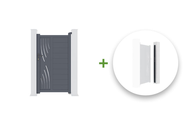 Modernes Gartentor aus Aluminium in Anthrazit mit dekorativen Ausschnitten, weißen Pfosten und Detailansicht der Montage.