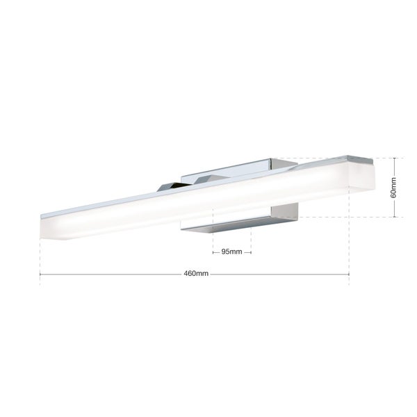 LED Spiegelleuchte mit Montagehalterung und Maßangaben 460 Millimeter Länge 95 Millimeter Halterung 60 Millimeter Höhe
