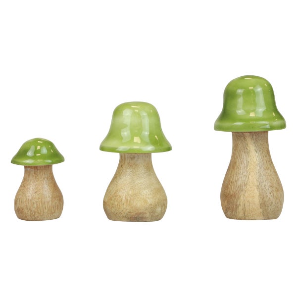 Drei dekorative Pilze aus Holz und Keramik