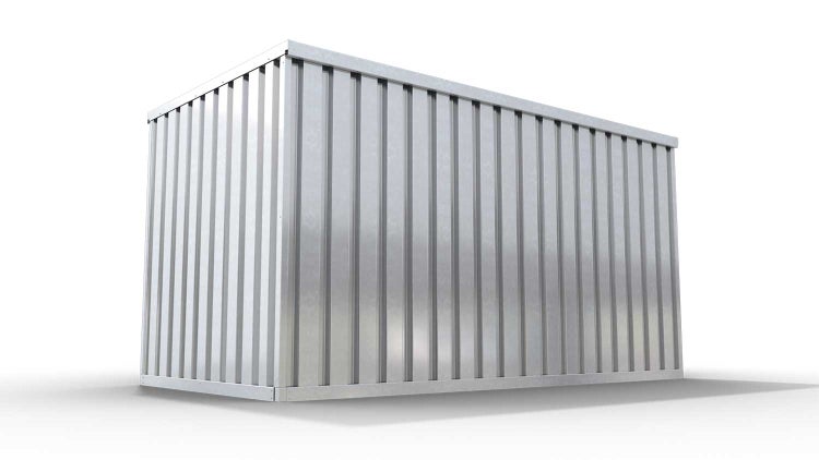 Lagercontainer Gerätehaus L  – 8 qm, H2150 x B4050 x T2170 mm, verzinkt, mit Holzfußboden, 1270 mm Einflügeltür mittig in Stirnseite, zerlegt