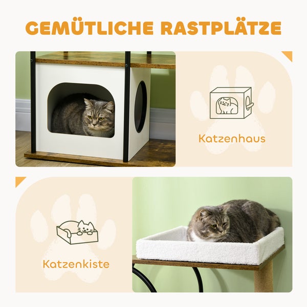 PawHut Kratzbaum 118,5 cm Katzenkratzbaum mit Kratzmatte, Katzenhöhle, Katzenbaum mit Bett, Kippschutz, Spielball, für Katzen bis 5 kg, Rustikal-Braun