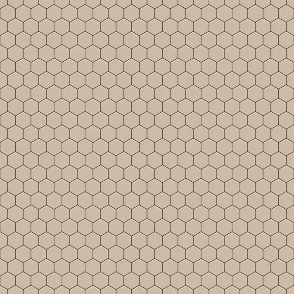 Sechseckige Mosaikfliesen in Beige mit dunklen Fugen.