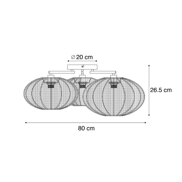 Technische Zeichnung Deckenleuchte mit drei Schirmen, 80 Zentimeter breit, 26,5 Zentimeter hoch, Durchmesser Deckenhalterung 20 Zentimeter.