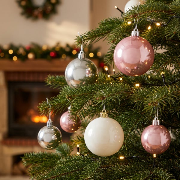 Weihnachtsbaum mit glänzenden Weihnachtsbaumkugeln in verschiedenen Größen und Farben sowie einer Lichterkette vor einem Kamin.