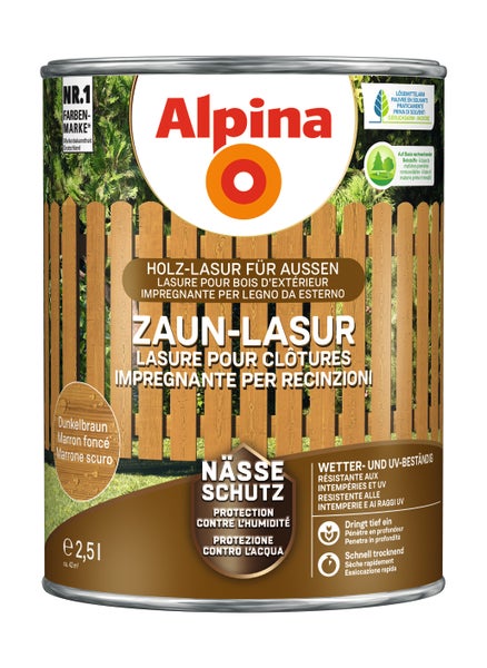 Alpina Zaun-Lasur dunkelbraun für Holz im Außenbereich, 2,5 Liter, wetterbeständig, ultraviolettbeständig, Nässeschutz, Alpina Logo.