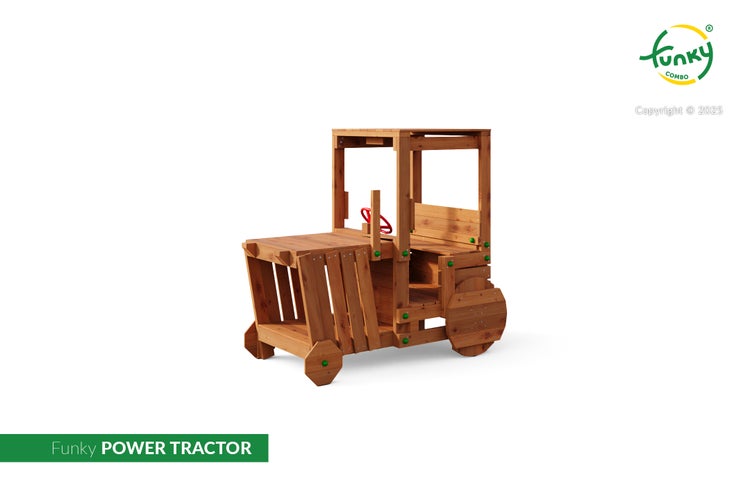Spieltraktor aus Holz für Kinder, Modell Funky Power Tractor, mit Lenkrad und Fahrerkabine für den Garten.