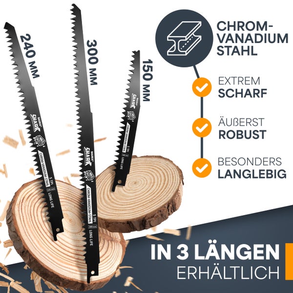 BAURIX® [LONG LIFE] Säbelsägeblätter Holz, 5 Stück, 240 mm, 5 TPI, Sägeblatt Säbelsäge für schnelle und saubere Schnitte, Säbelsägeblatt für Grobholz, Nassholz, Brennholz, lebendes Holz