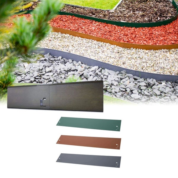 Beeteinfassungssystem für eine Gartenlandschaft mit Kies, Steinen und Rindenmulch