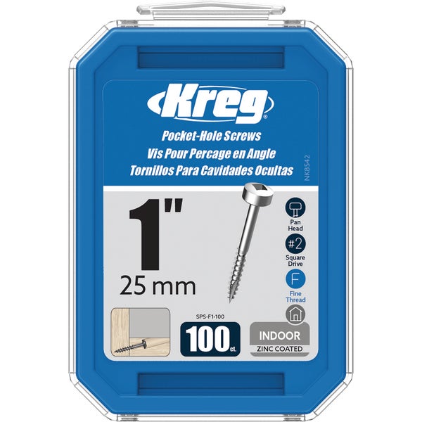 Kreg Logo. Taschenlochschrauben, 19 Millimeter, Pan Head, Quadratantrieb Nummer 2, Feingewinde, 500 Stück, verzinkt, für den Innenbereich.