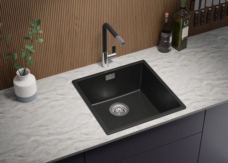 PRIMAGRAN Spülbecken Alles Schwarz 46x47cm, Granitspüle 1 Becken + Ablauf-Set, Küchenspüle ab 50er Unterschrank - London Slim