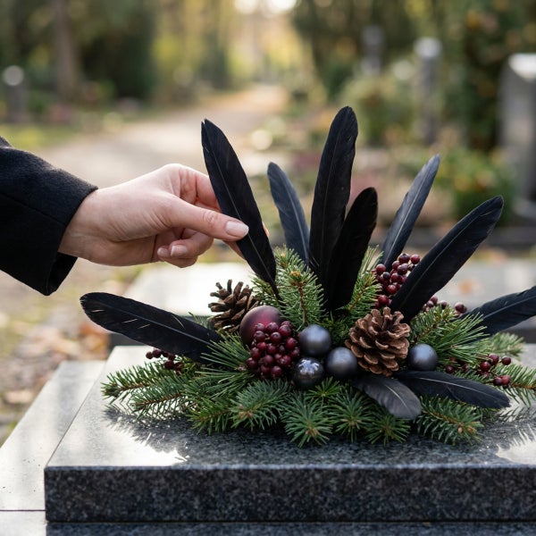 Eine Hand platziert eine Feder in ein Grabgesteck mit Tannenreisig, Zapfen und Beeren auf einem Grabstein auf einem Friedhof.