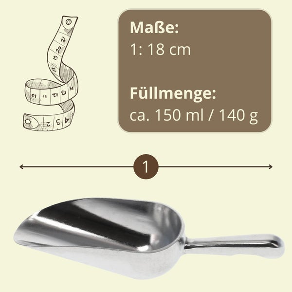 Dosierschaufel aus Metall, Maße: 18 cm, Füllmenge circa 150 ml oder 140 g