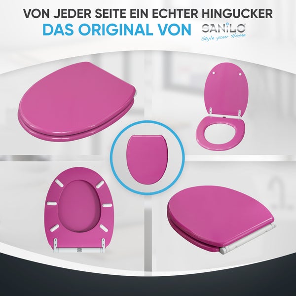 Toilettensitz in Pink von Sanilo, verschiedene Ansichten: geschlossen, geöffnet, Unterseite und Seitenansicht. Sanilo Logo.
