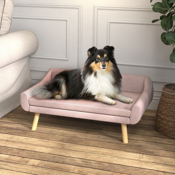 PawHut Hundesofa Katzensofa mit Rückenlehne, Hundecouch mit Holzbeine, Haustiersofa mit Kissen, Hundebett für mittelgroße und große Hunde, Samt, Rosa, 102 x 58,5 x 42,5 cm