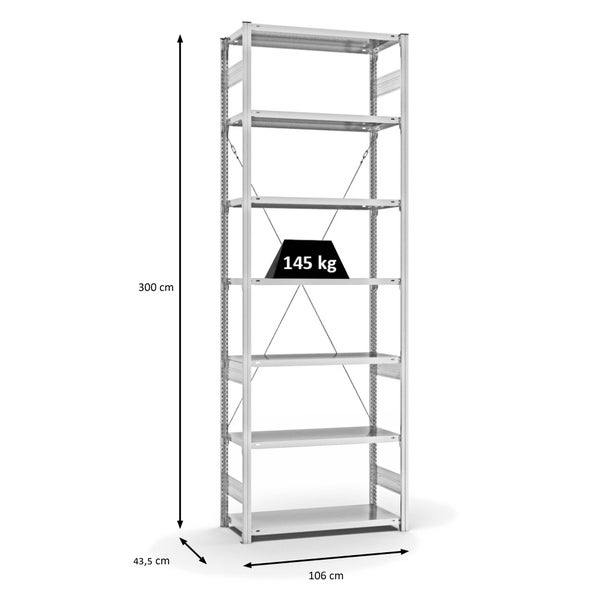 PROREGAL Antibakterielles Fachbodenregal Stecksystem T-Profil HxBxT 300 x 100 x 40 cm 7 Ebenen Traglast 145 kg Antibakterielle Beschichtung Weiß