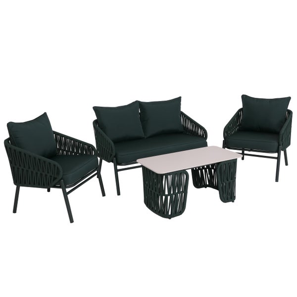 Garten-Lounge-Set bestehend aus Zweisitzer-Sofa, zwei Sesseln und einem Loungetisch, Metallgestell mit Seilbespannung und dunklen Polstern.