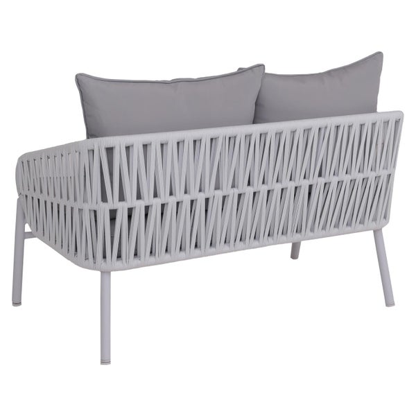 Gartensofa mit Seilgeflecht und grauen Rückenkissen, Rückansicht.