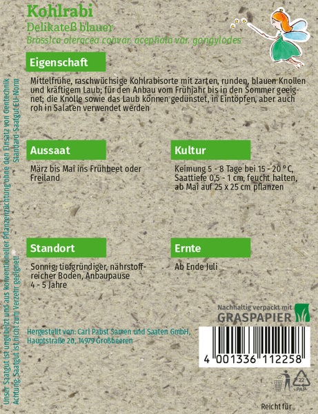 Rückseite einer Samentüte für Kohlrabi Delikateß blauer mit Anbauhinweisen zu Aussaat, Kultur, Standort und Ernte auf nachhaltigem Graspapier.