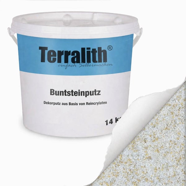 Terralith Buntsteinputz 14 Kilogramm, Dekorputz auf Basis von Reinacrylaten mit Strukturbeispiel.