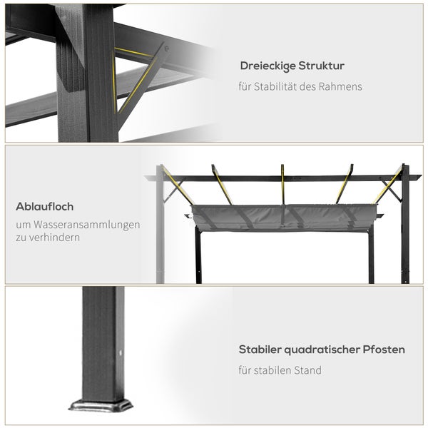 Outsunny Pergola Pavillon Terrassenüberdachung mit Schiebedach Garten Alu Kohlegrau+Dunkelgrau 3x3x2,23 m