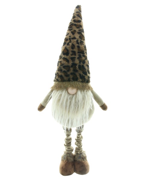 Dekorativer Wichtel mit langem Rauschebart und hoher Mütze im Leopardenmuster als Weihnachtsdeko oder Winterfigur