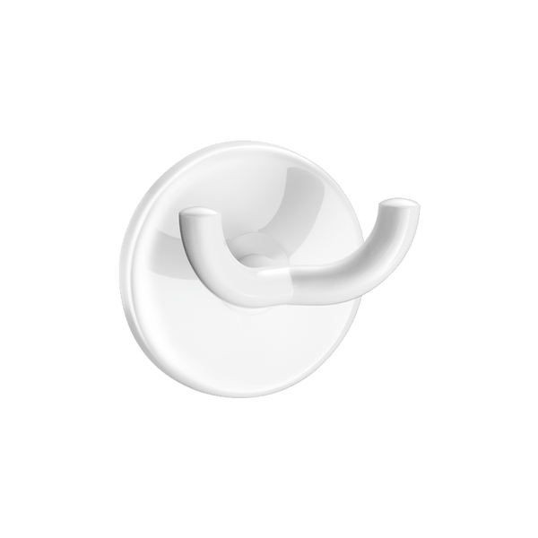 Weißer Doppel-Badhaken mit runder Wandhalterung für Handtücher oder Bademäntel.