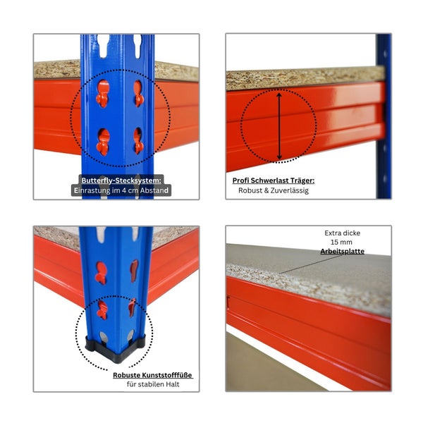 PROREGAL Mega Deal 5x Profi Schwerlastregal Bison HxBxT 200 x 180 x 60 cm 4 Fachböden Fachlast 600 kg Blau-Orange