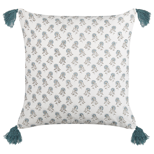 Quadratisches Zierkissen mit Blumenmuster und vier Quasten an den Ecken