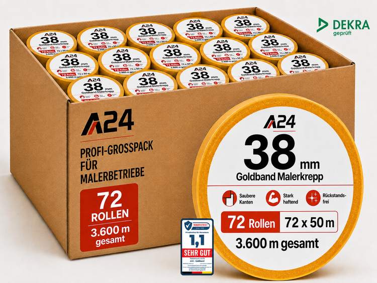 A24 Logo, 72 Rollen Goldband Malerkrepp, Breite 38 Millimeter, Länge 50 Meter, DEKRA geprüft, Bewertung Sehr Gut von Warentest Online.
