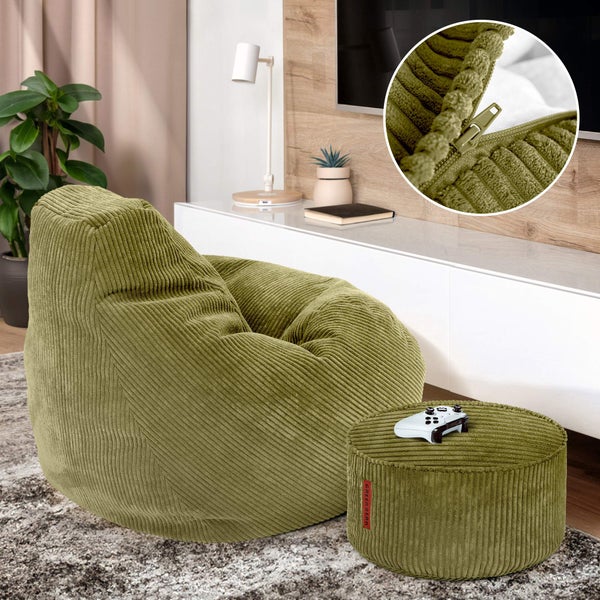 Green Bean Sitzsack mit Hocker aus Cord - Sitzsäcke für das Wohnzimmer, Schlafzimmer, Sitzsack-Sessel für Erwachsene Grün