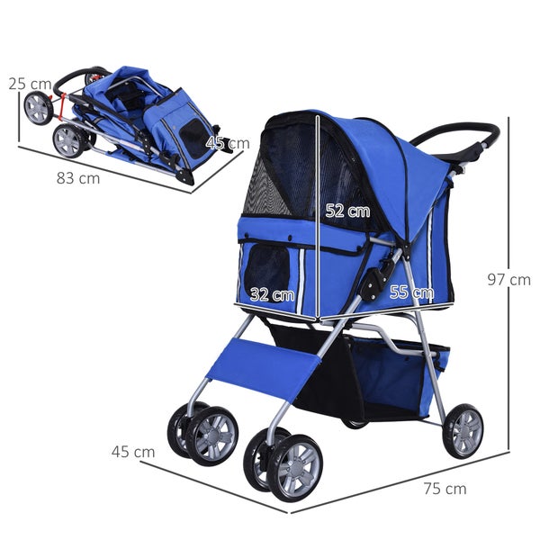 PawHut Hundewagen, klappbar Hundebuggy für kleine Hunde und Katzen bis 10kg, Katzenbuggy mit Netzfenstern Getränkehalter, Haustierwagen Oxford, Blau