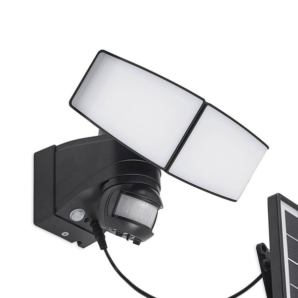 Solar-LED-Außenstrahler mit Bewegungsmelder, zwei verstellbaren Lichtpaneelen und externem Solarmodul in Schwarz.