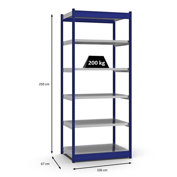 PROREGAL Fachbodenregal Stecksystem Vierkant-Profil Grundregal HxBxT 250 x 102,5 x 60 cm 6 Ebenen Einseitige Bauart Fachlast 200 kg Enzianblau