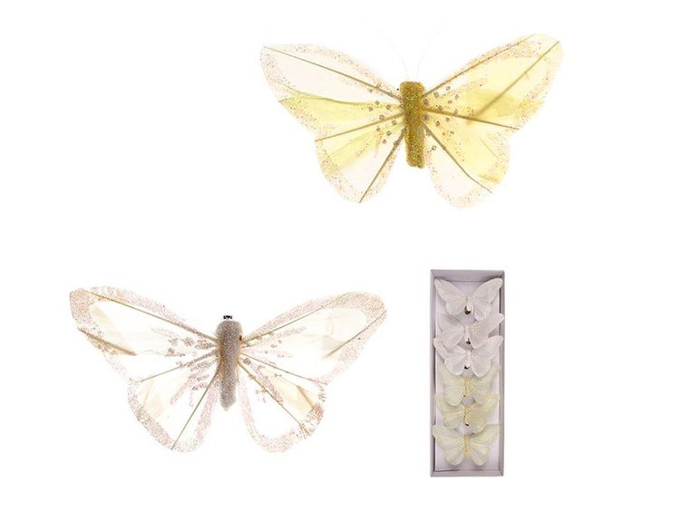 Deko-Schmetterlinge mit Glitter-Elementen, als Set in der Verpackung und zwei Schmetterlinge zur Dekoration.
