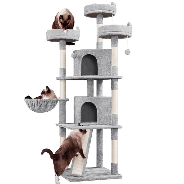 Katzenkratzbaum mit mehreren Ebenen, Liegeflächen und Katzen